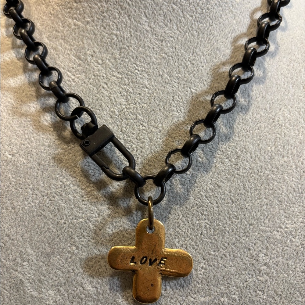 Black Chain Necklace with Gold tone Love Pendant